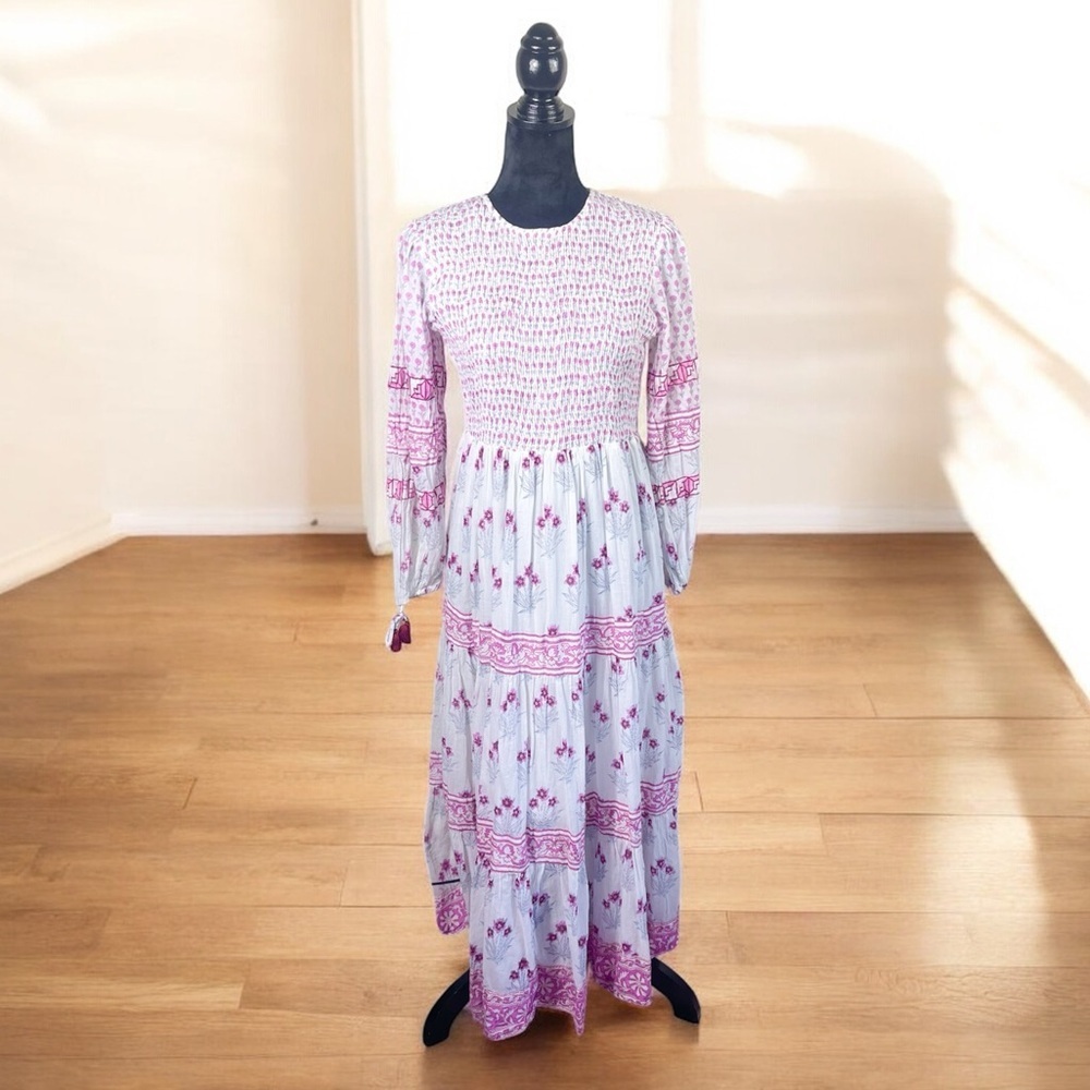 Oliphant Smocked Long Sleeve Block Print Maxi Dress in Pink Size Small